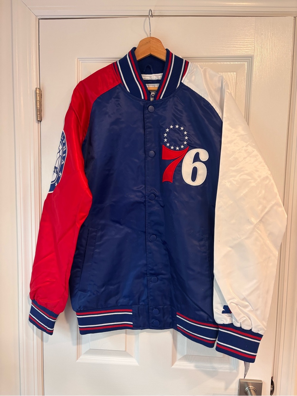 Men's Tri-Color 76 Satin Bomber Jacket - Red/Blue/White
